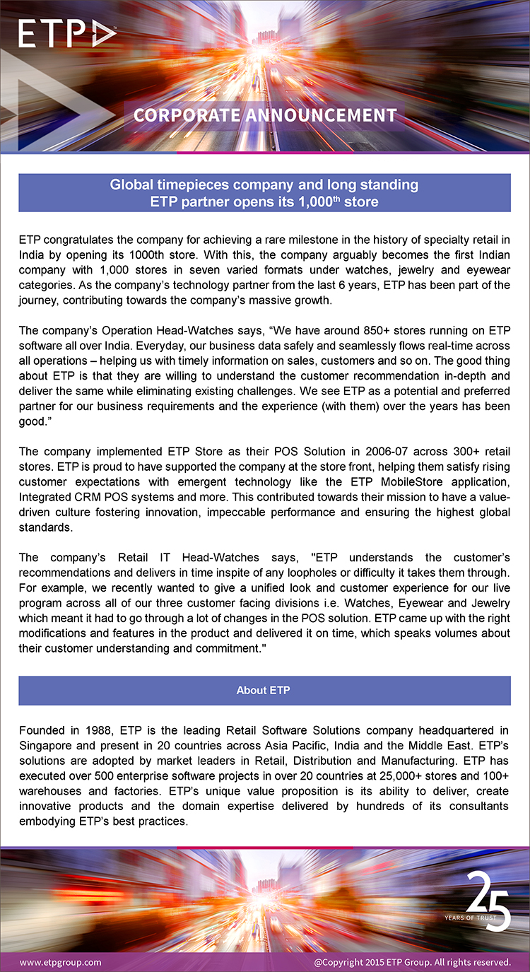 Global tiimepieces company and long standing ETP partner opens its 1,000th store