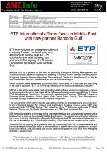 ETP International Affirms Focus In Middle East With New Partner Barcode Gulf